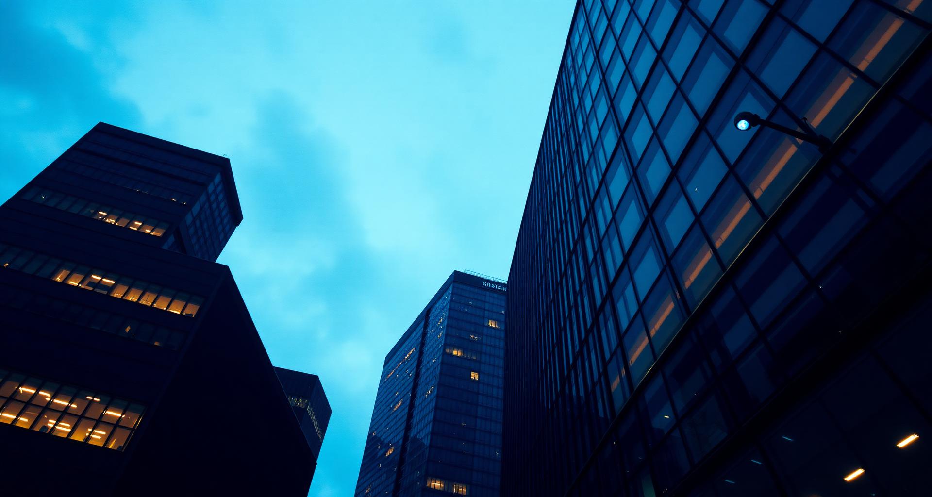 Corporate high-rise buildings at dusk protected by EverWatch surveillance infrastructure