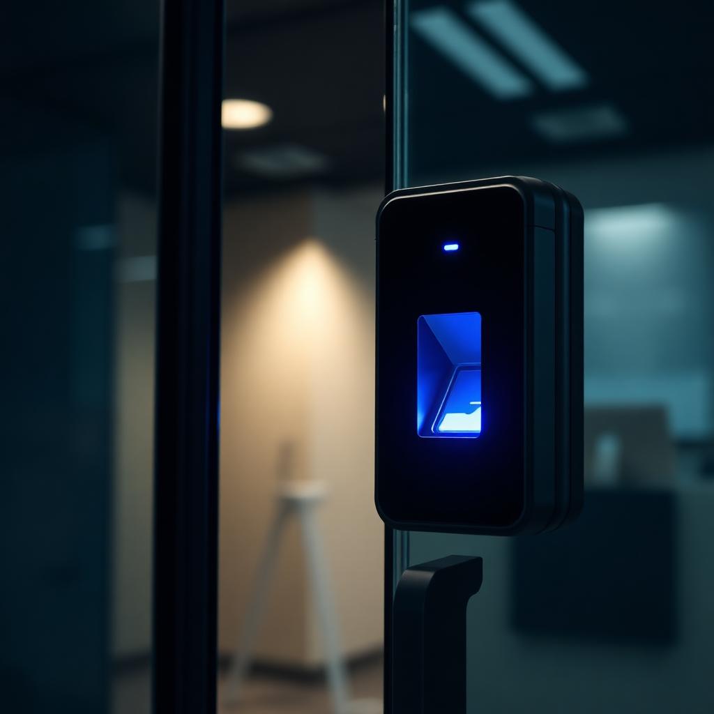 Biometric fingerprint access control terminal on a glass door