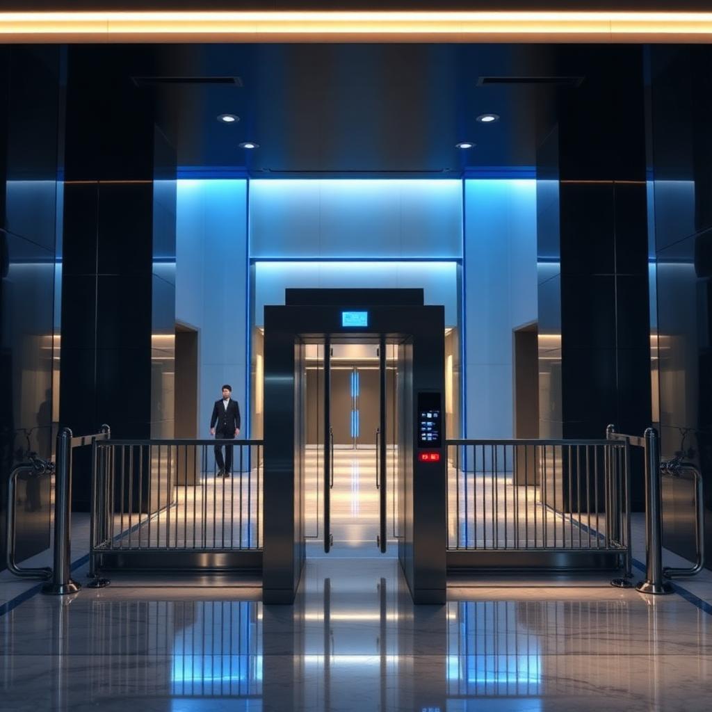 Walk-through metal detector gate in a modern bank lobby